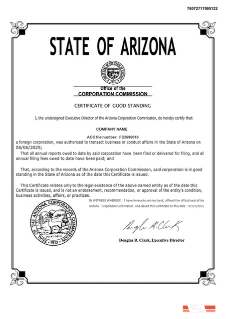 USA Arizona certificate of good standing Word and PDF template, version 2